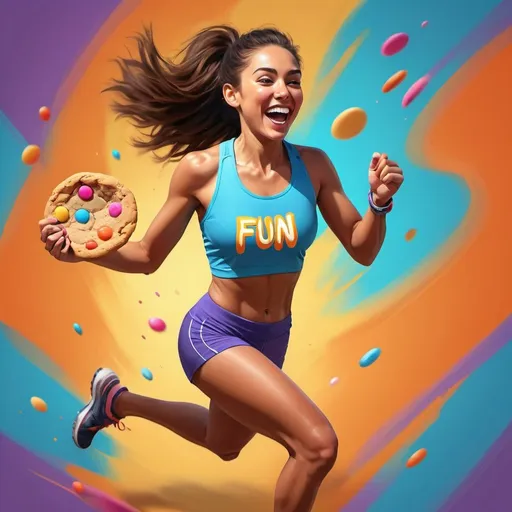 Prompt: Person running in running gear, holding a cookie, fun Fridays, vibrant and energetic, high quality, digital painting, realistic, dynamic pose, joyful expression, colorful background, detailed athletic apparel, lively atmosphere, energetic, fun, dynamic lighting
