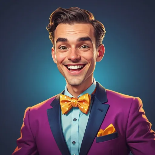 Prompt: High-res, vibrant and colorful cartoon illustration of a formally dressed character with a bow tie, joyful expression, professional lighting, formal dress, fun, cartoon style, colorful, vibrant, bow tie, joyful expression