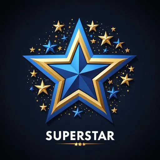 Prompt: using the word SUPERSTAR create a logo with the word prominent blue and gold surrounded by stars with a shooting star tail