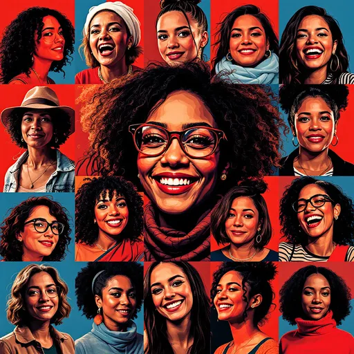 Prompt: A vibrant collage of portraits showcases a diverse array of women, each framed in a bold red and blue color scheme that adds a striking visual impact. The central figure, with glasses and a warm smile, draws attention with her captivating expression, surrounded by a grid of expressive faces, each exuding distinct personalities and moods—from playful to contemplative. The artistic style leans towards graphic illustration, emphasizing strong contrasts and clean lines that elevate the emotional resonance of each portrait. The setting appears to be conceptual, focusing solely on the women and their expressions without a specific background, creating a unified yet dynamic composition. This collection conveys a powerful narrative of individuality and shared strength among women, inviting viewers to appreciate their varied stories and emotions.