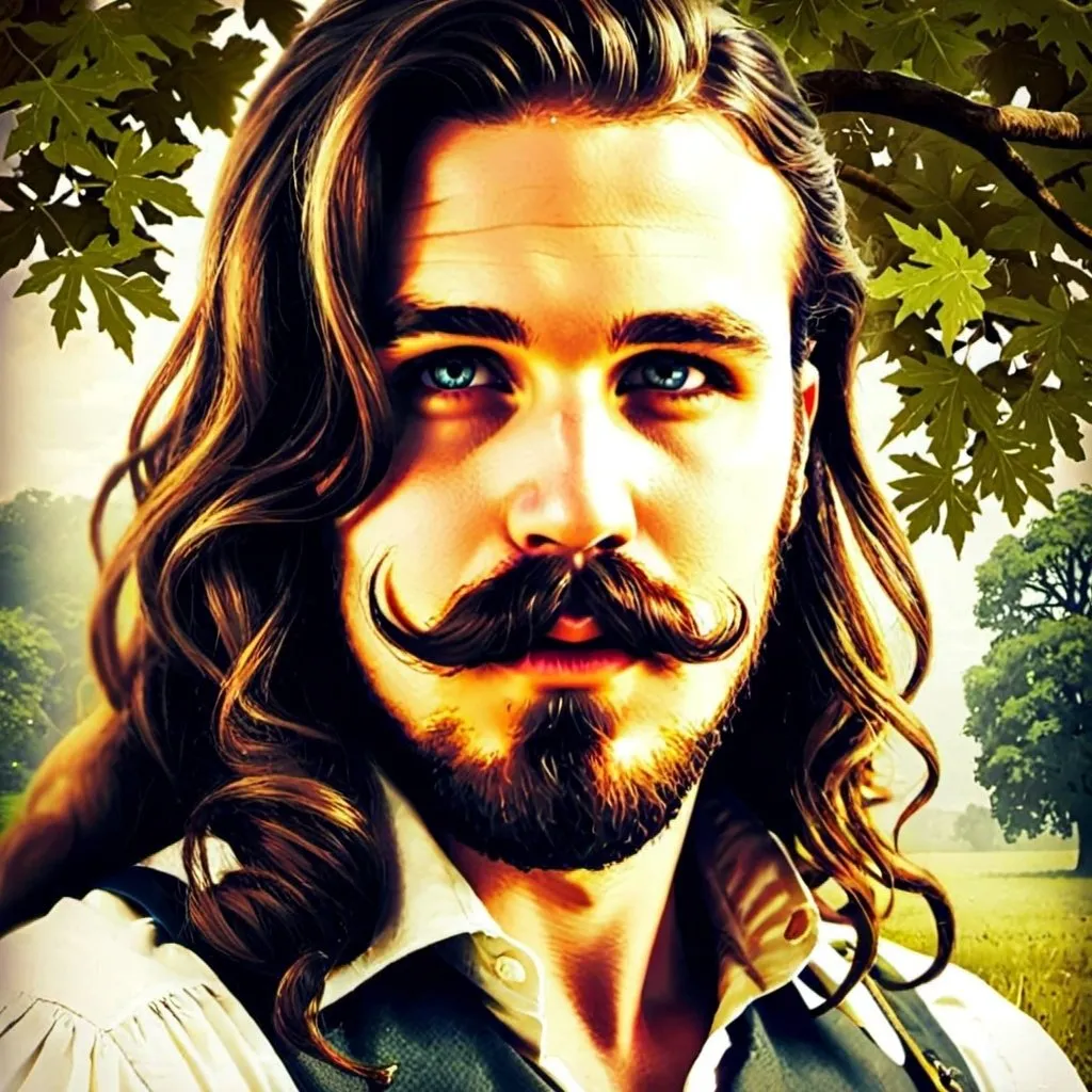 Prompt: a handsome well-built noble english man with long light brown hair, a mustache, and a full beard, wearing a shirt open to his navel stands near an oak tree. 