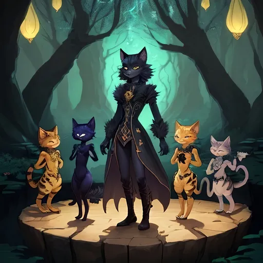 Prompt: fantasy illustration of one humanoid Tabaxi from Dungeons and Dragons lore. The character is 5'4" tall, has bright yellow eyes, and features detailed tuxedo-style fur. The style is whimsical and fantastical with a magical aura. The character has an enchanting personality and is depicted in high definition. The illustration should showcase vibrant colors, detailed eyes, whimsical energy, and magical lighting.