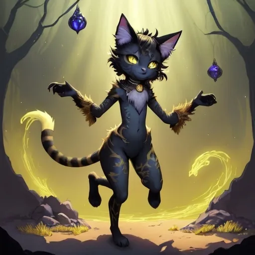 Prompt: fantasy illustration of one humanoid Tabaxi from Dungeons and Dragons lore. The character is 5'4" tall, has bright yellow eyes, and features detailed tuxedo-style fur. The style is whimsical and fantastical with a magical aura. The character has an enchanting personality and is depicted in high definition. The illustration should showcase vibrant colors, detailed eyes, whimsical energy, and magical lighting.