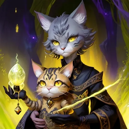 Prompt: fantasy illustration of one humanoid Tabaxi from Dungeons and Dragons lore. The character is 5'4" tall, has bright yellow eyes, and features detailed tuxedo-style fur. The style is whimsical and fantastical with a magical aura. The character has an enchanting personality and is depicted in high definition. The illustration should showcase vibrant colors, detailed eyes, whimsical energy, and magical lighting.