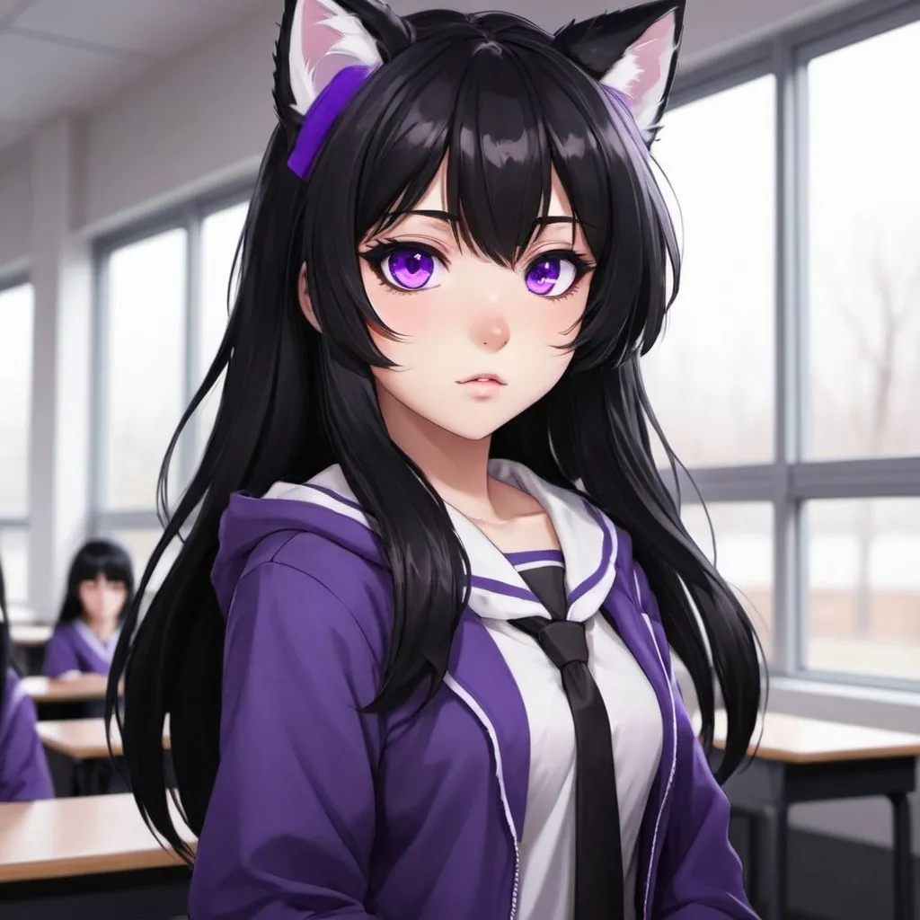 Prompt: Anime waifu furry purple eyes black hair school