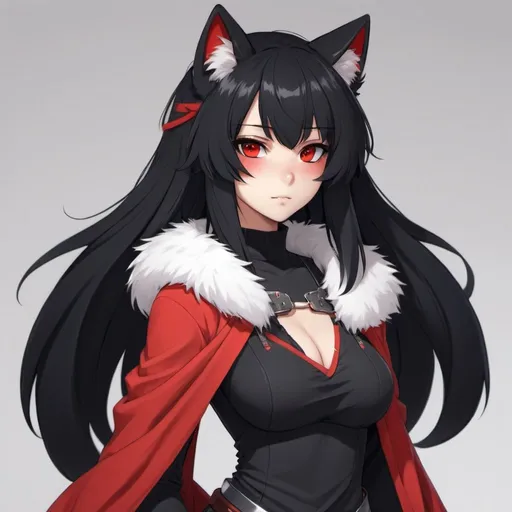 Prompt: Furry waifu with black hair and red eyes
And adjusted chothes