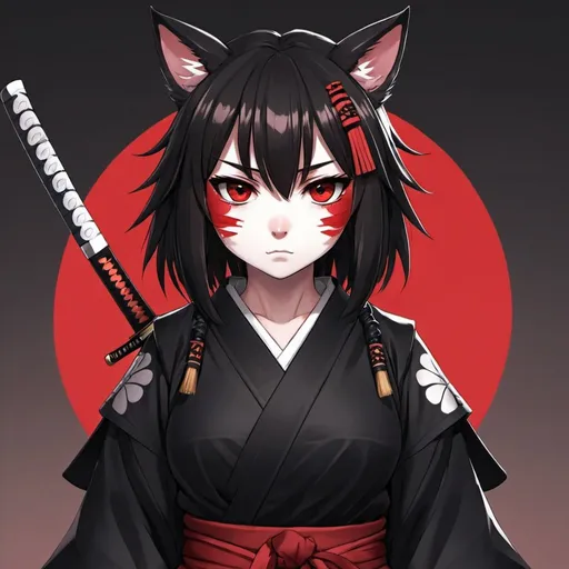 Prompt: Anime waifu samurai furry red eyes black Jaír anda katana