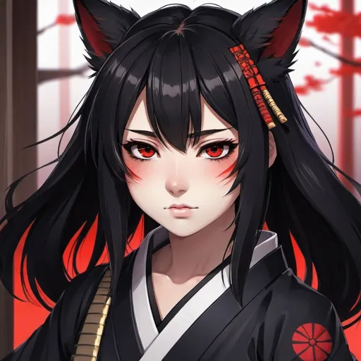 Prompt: Anime waifu samurai furry red eyes black hair 