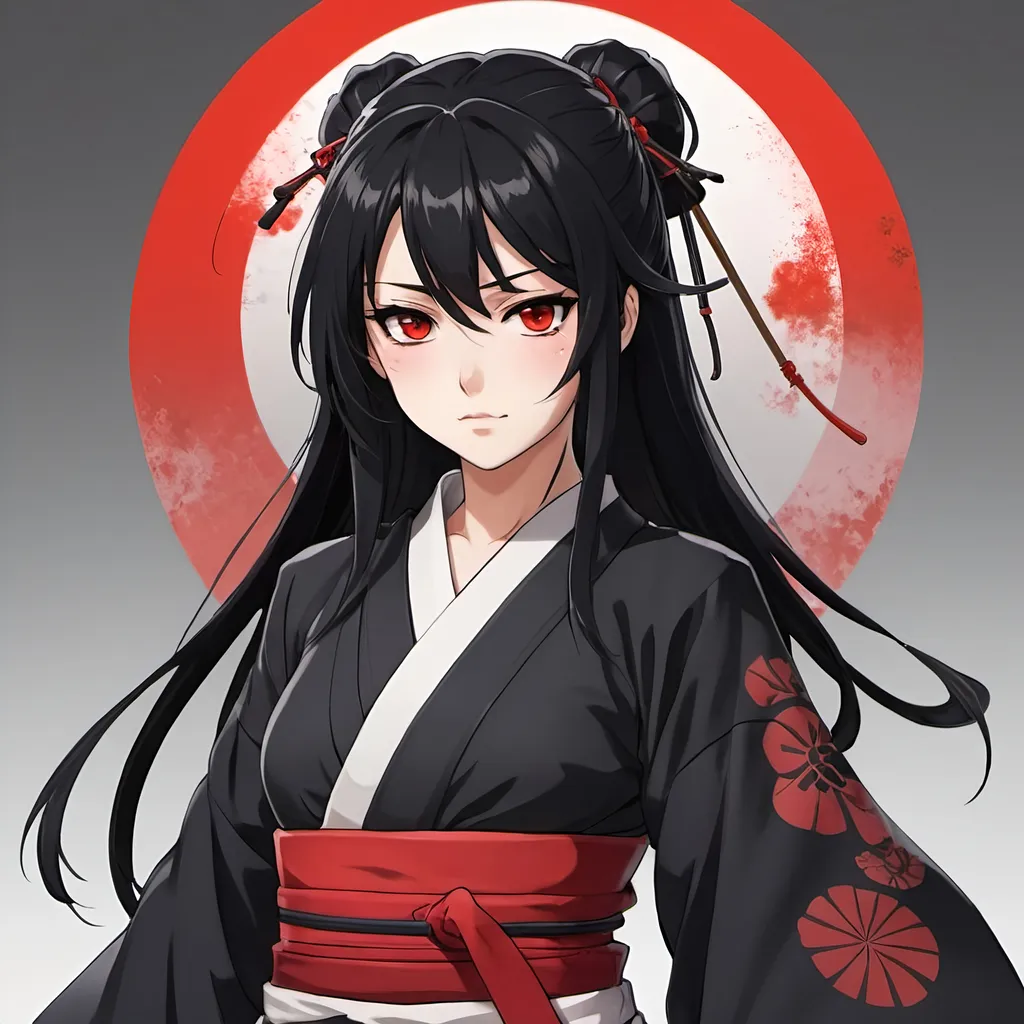 Prompt: Samurai anime waifu with red eyes black hair and goood body 
