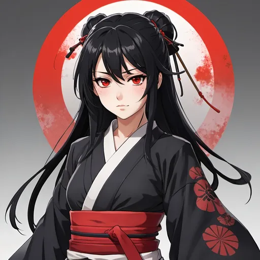 Prompt: Samurai anime waifu with red eyes black hair and goood body 
