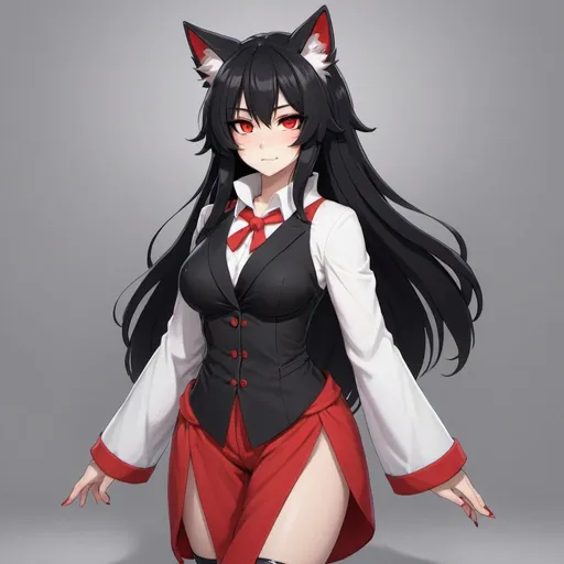 Prompt: Furry waifu with black hair and red eyes
And adjusted chothes full body image
