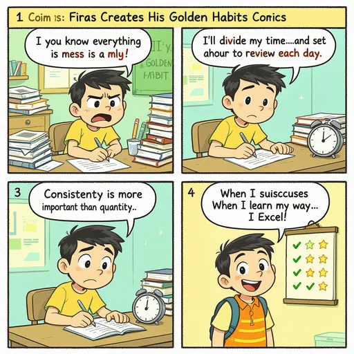 Prompt: 🎨 Comics (Story: "Firas Creates His Golden Habits") – Improving Study Habits

"A 4-panel comic, pastel colors (light green, bright yellow, turquoise). The atmosphere gradually moves from chaos to order and accomplishment."

🔹 Scene 1 (Chaos):
Firas's room is cluttered: open books, scattered papers, and he's tense in front of a pile of notebooks.
🗨️ Firas: "I don't know where to start... everything is a mess!"

🔹 Scene 2 (Planning):
Firas sits at his clean, tidy desk, writing out a simple daily schedule.
🗨️ Firas: "I'll divide my time... and set an hour to review each day."

🔹 Scene 3 (Commitment):
Firas studies regularly at his desk, next to a small clock and a glass of water.
🗨️ Firas: "Consistency is more important than quantity."

🔹 Scene 4 (Success):
Firas stands in front of a wall chart filled with ✅ marks for his daily achievements, smiling and proud.

🗨️Firas: "When I learn my way... I excel!"
A young man, approximately 14 years old, with cartoonish features, typical of educational children's stories. He has short, slightly disheveled black hair, large, black, sparkling eyes, a warm, fair complexion, broad, expressive eyebrows, and a round face.