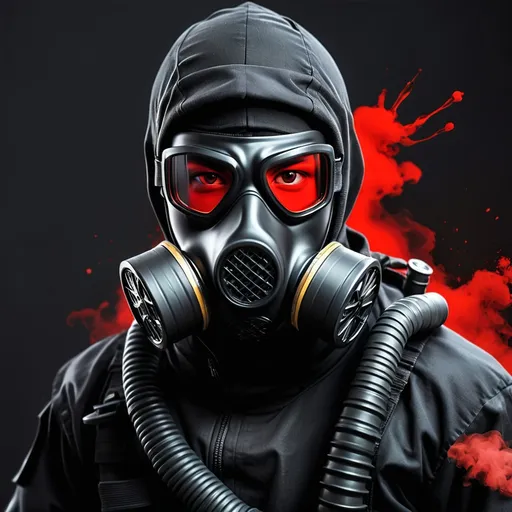 Prompt: ninja special force with gas mask, google all with black color except google with red lense and background of image black