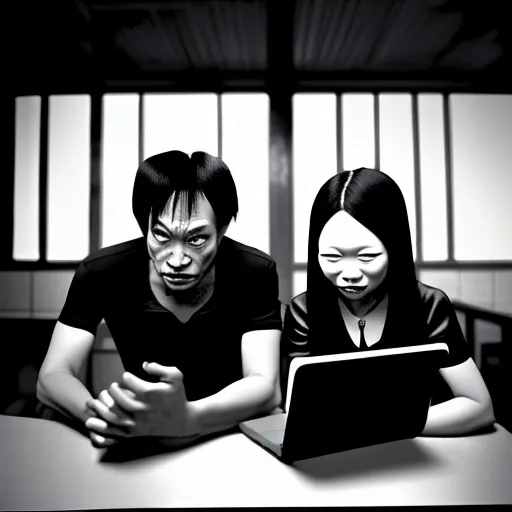 Prompt: a man and a woman sitting next to each other in a room with a laptop on the table and a phone in front of them, Ding Yunpeng, international gothic, post processed, a photocopy