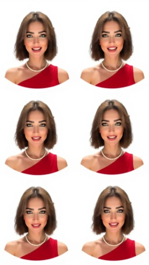 Prompt: photo-realistic smiling woman efe39f16 with brown hair, pearl necklace, one-shoulder red dress, bare feet A composition featuring six different facial expressions of the character, from shoulders up, arranged in a grid pattern on a white background. The expressions include: Laughing: Wide smile, eyes crinkled, exuberant joy. Crying: Tears streaming, furrowed brows, open mouth. Angry: Furrowed brows, clenched teeth, intense gaze. Shy: Slight blush, eyes averted, small smile. Surprised: Raised eyebrows, wide eyes, open mouth. Scared: Wide eyes, open mouth, tense facial muscles. Character details remain consistent across all expressions with shoulders visible to frame the face. Each expression is clear and easily recognizable against the clean white background.