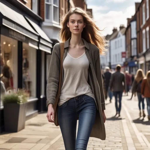 Prompt: Tall young woman walking down the high street, detailed clothing, realistic, natural lighting