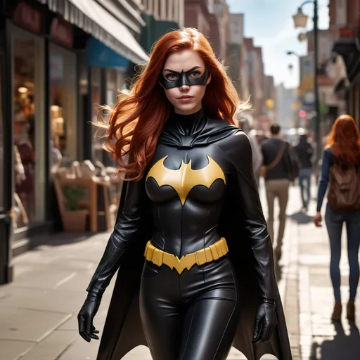 Prompt: (tall young woman) confidently walking down a bustling high street, (realistic),batgirl, redhair, detailed clothing showcasing modern fashion elements, surrounded by lively storefronts, (natural lighting) casting soft shadows, vibrant atmosphere, (urban landscape) with people engaging in daily activities, (HD) quality capturing the scene with clarity and depth.