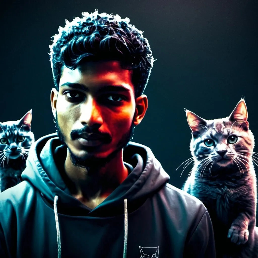 Prompt: Anime cyberpunk style, man in hoodie with cats, highly detailed, HD, dark background