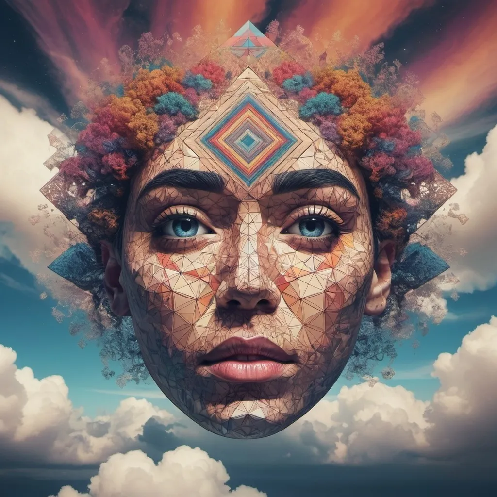 Prompt: Create a psychedelic face made of intricate geometrical shapes floating in wispy, trippy clouds
