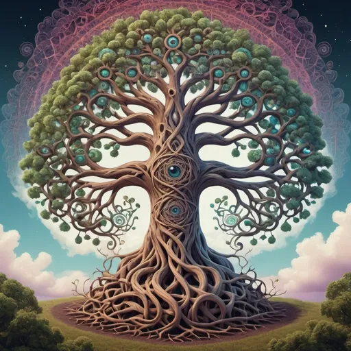 Prompt: Create a psychedelic tree  made of intricate geometrical shapes with eyes on the ends of the many intricate branches with winding roots spiraling down floating in the middle of a wispy clouds
