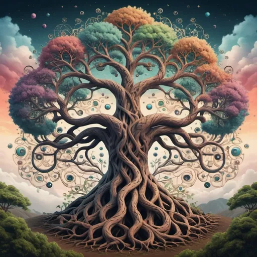 Prompt: Create a psychedelic tree  made of intricate geometrical shapes with eyes on the ends of the many intricate branches with winding roots spiraling down floating in the middle of a wispy clouds
