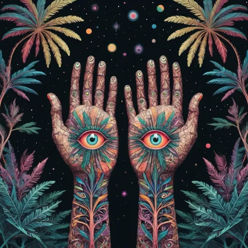 Prompt: Create a psychedelic pair of hands made of intricate geometrical shapes with eyes on the palms floating over intricate, trippy trees
