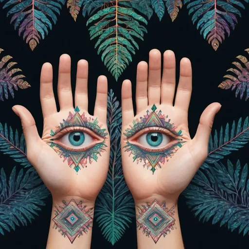 Prompt: Create a psychedelic pair of hands made of intricate geometrical shapes with eyes on the palms floating over intricate, trippy trees
