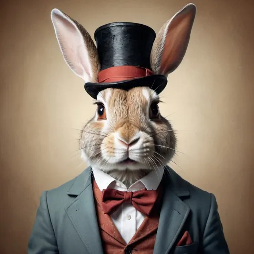 Prompt: Create a portrait of a rabbit in a magician's suit cut at the chest with a tonal color palette and a subtle grainy textural overlay
