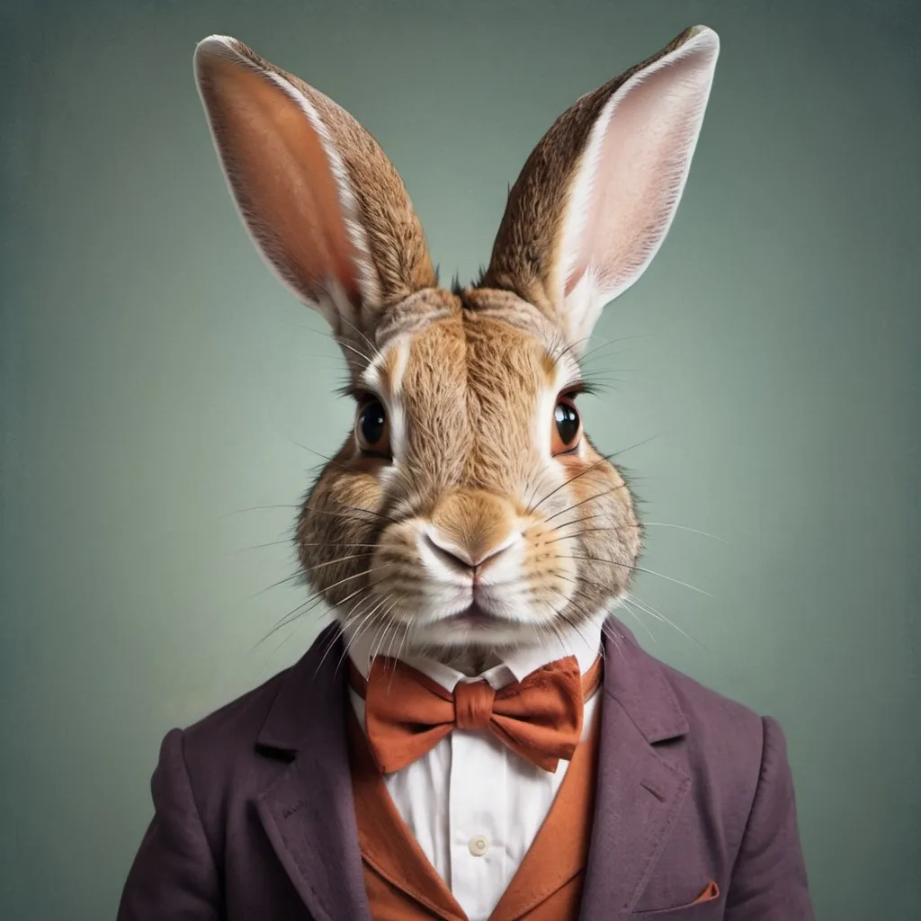 Prompt: Create a portrait of a rabbit in a magician's suit cut at the chest with a tonal color palette and a subtle grainy textural overlay
