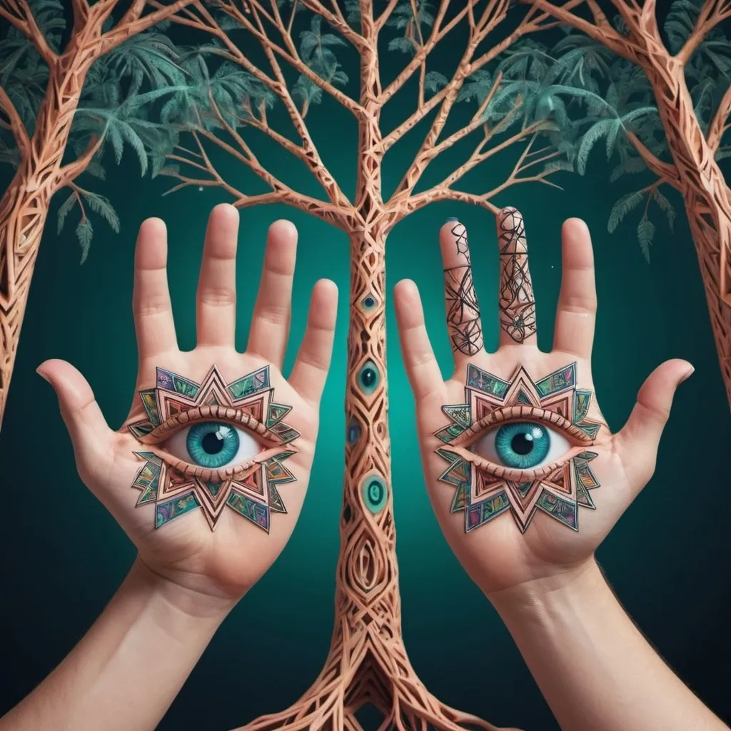 Prompt: Create a psychedelic pair of hands made of intricate geometrical shapes with eyes on the palms floating over intricate, trippy trees
