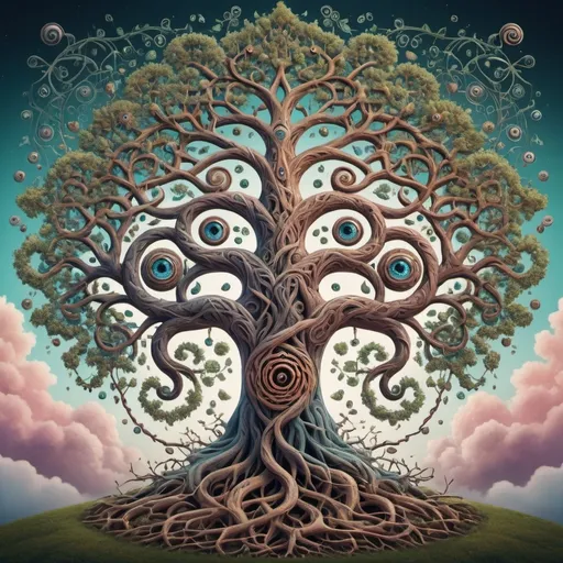 Prompt: Create a psychedelic tree  made of intricate geometrical shapes with eyes on the ends of the many intricate branches with winding roots spiraling down floating in the middle of a wispy clouds
