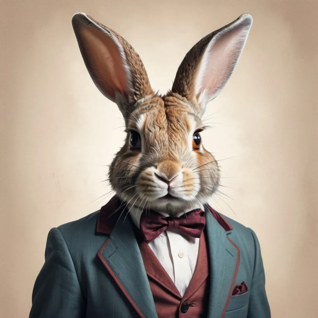 Prompt: Create a portrait of a rabbit in a magician's suit cut at the chest with a tonal color palette and a subtle grainy textural overlay
