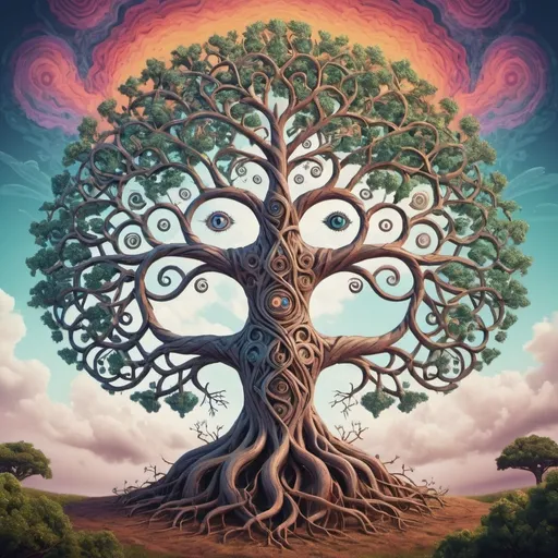 Prompt: Create a psychedelic tree  made of intricate geometrical shapes with eyes on the ends of the many intricate branches with winding roots spiraling down floating in the middle of a wispy clouds
