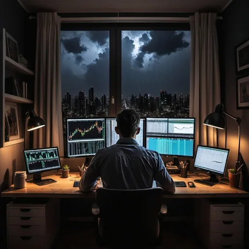 Prompt: trader sitting in front of a desk trading 
at home at night raining facing the back dark room