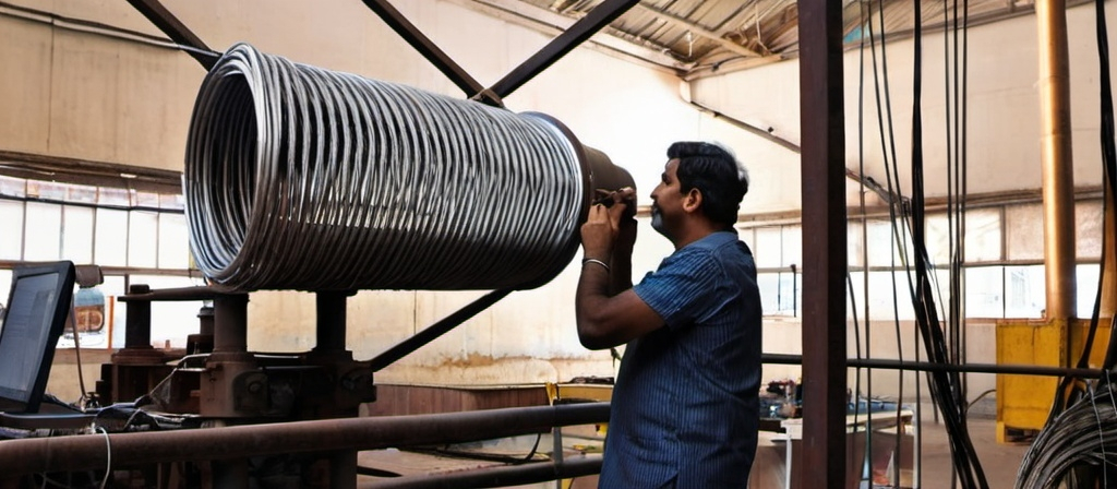 Prompt: a man is working on a large pipe in a factory area with a machine in the background and wires hanging from the ceiling, Bholekar Srihari, kinetic art, mesh wire, an abstract sculpture