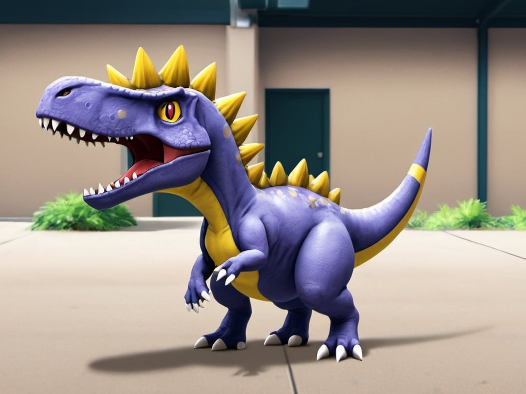 Prompt: Add a Pokémon and change the background dinosaur to REX. 