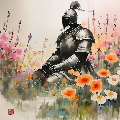 Prompt: A dreamy peaceful painting of a knight sitting in a flower field 
