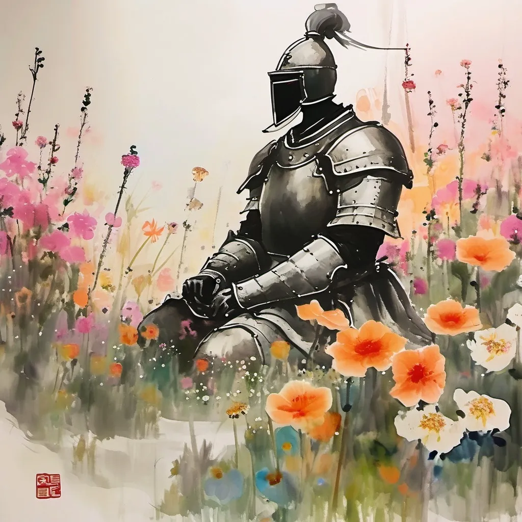 Prompt: A dreamy peaceful painting of a knight sitting in a flower field 
