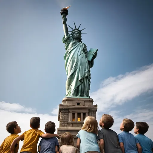 Prompt: The Statue of Liberty standing tall with a group of children looking up in awe.