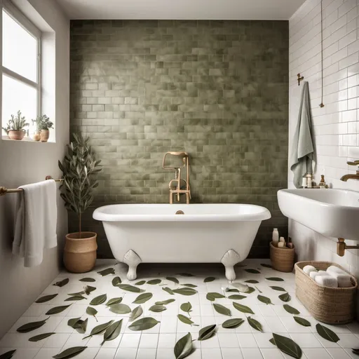 Prompt: Create a picture of a bathtub with white hog tiles on the walls and olive leaf tiles on the floor