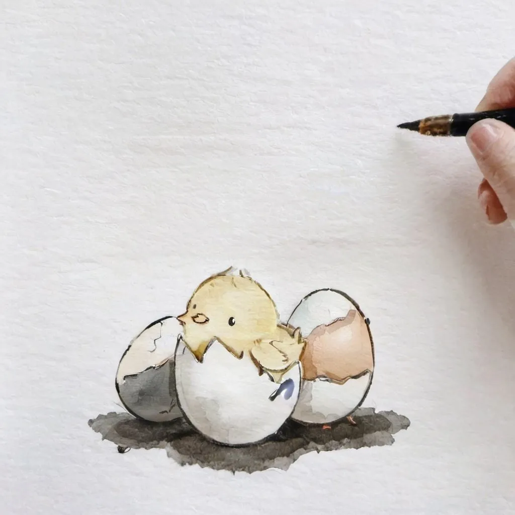 Prompt: A baby chick with two eggs sketch black and white
