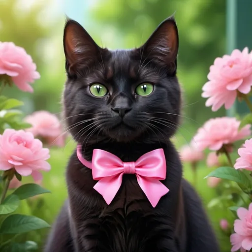 Prompt: (cute black cat with a pink bow), photorealistic, vibrant colors, soft lighting, adorable atmosphere, cat sitting gracefully, neatly tied pink bow, glossy fur, detailed facial features, playful expression, lush green garden background, blooming flowers around, ultra-detailed, cinematic quality, 4K.