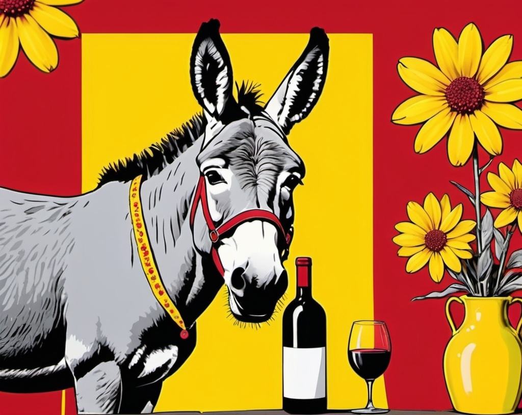 Prompt: Pop art. A donkey, bottle of wine, red and yellow background with flowers 