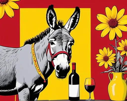 Prompt: Pop art. A donkey, bottle of wine, red and yellow background with flowers 