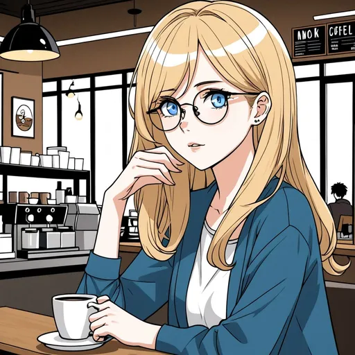 Prompt: anime webtoon, beautiful woman, shoulder length blonde hair, blue eyes, wire frame glasses, in a coffee shop
