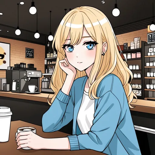 Prompt: anime webtoon, cute woman, shoulder length blonde hair, blue eyes, in a coffee shop