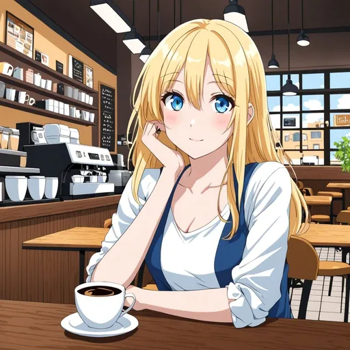 Prompt: anime, woman, blonde hair, blue eyes, in a coffee shop
