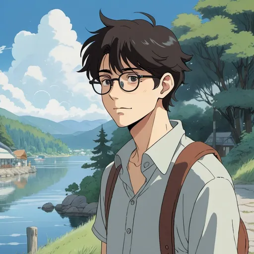 Prompt: 2d studio ghibli anime style, white guy with dark hair wolfcut, with glasses, lakefront scene