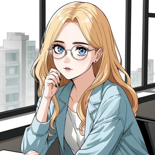 Prompt: anime webtoon, cute woman, shoulder length blonde hair, blue eyes, wire frame glasses, wearing makeup, sitting by a window