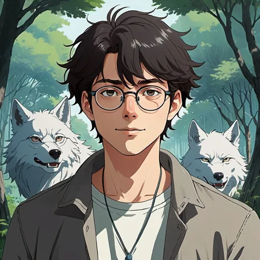 Prompt: 2d studio ghibli anime style, white guy with dark hair wolfcut, with glasses, outdoor scene